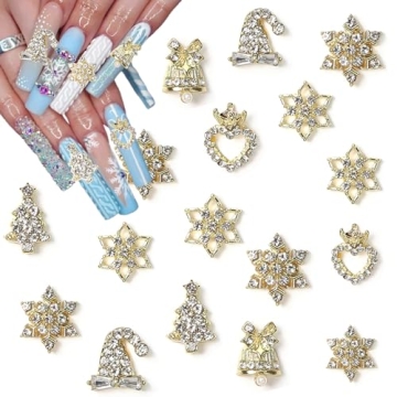 16 pcs Christmas Nail Charms Alloy Snowflake Nail Rhinestones Gold Nail Art Charms Xmas Tree Bell He...