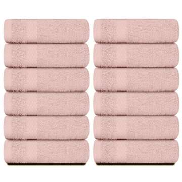 White Classic Luxury Cotton Washcloths - Large Hotel Spa Bathroom Face Towel | 12 Pack | Pink