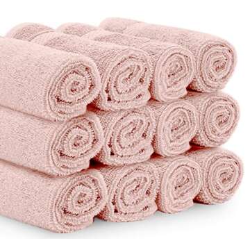 White Classic Luxury Cotton Washcloths - Large Hotel Spa Bathroom Face Towel | 12 Pack | Pink