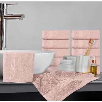 White Classic Luxury Cotton Washcloths - Large Hotel Spa Bathroom Face Towel | 12 Pack | Pink