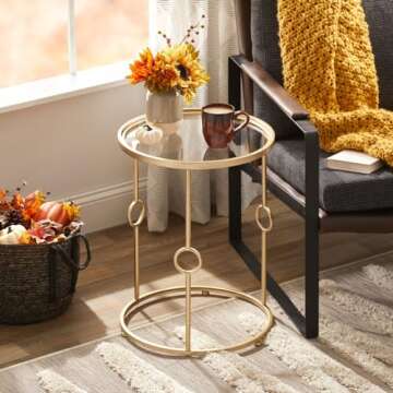 mDesign Round Metal Side/End Table with Decorative Legs, in-Lay Top, Home Decor Accent Furniture for Living Room, Bedroom - Brass/Clear Glass
