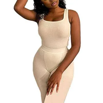 ZFLM Casual Workout Sets Two Piece Outfits for Women Ribbed Crop Tank Top High Waist Yoga Leggings Active Wear