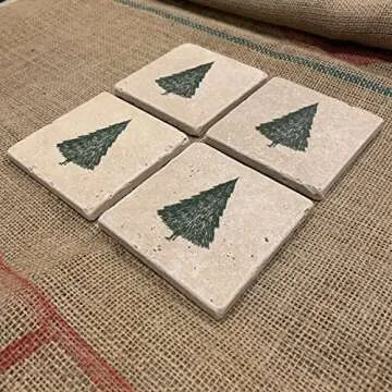 Christmas Tree Drink Coasters - Set of 4 Handmade Travertine Holiday Coasters