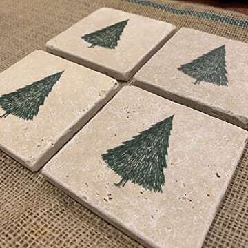 Christmas Tree Drink Coasters - Set of 4 Handmade Travertine Holiday Coasters