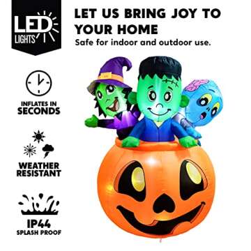 Joiedomi 5 FT Tall Halloween Inflatables Outdoor Decorations, Inflatable Pumpkin Halloween Blow Ups for Yard, Witch Decorations with Zombie Inflatables on Pumpkin with LEDs for Halloween Decor