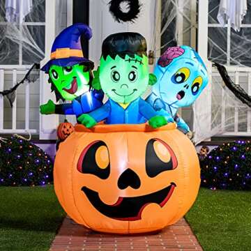 Joiedomi 5 FT Tall Halloween Inflatables Outdoor Decorations, Inflatable Pumpkin Halloween Blow Ups for Yard, Witch Decorations with Zombie Inflatables on Pumpkin with LEDs for Halloween Decor