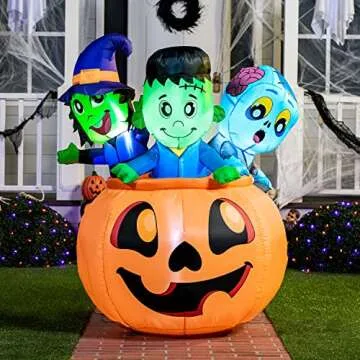 Joiedomi 5 FT Tall Halloween Inflatables Outdoor Decorations, Inflatable Pumpkin Halloween Blow Ups for Yard, Witch Decorations with Zombie Inflatables on Pumpkin with LEDs for Halloween Decor
