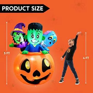 Joiedomi 5 FT Tall Halloween Inflatables Outdoor Decorations, Inflatable Pumpkin Halloween Blow Ups for Yard, Witch Decorations with Zombie Inflatables on Pumpkin with LEDs for Halloween Decor