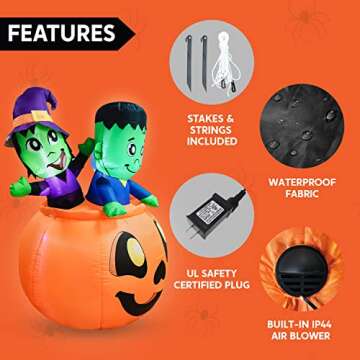 Joiedomi 5 FT Tall Halloween Inflatables Outdoor Decorations, Inflatable Pumpkin Halloween Blow Ups for Yard, Witch Decorations with Zombie Inflatables on Pumpkin with LEDs for Halloween Decor