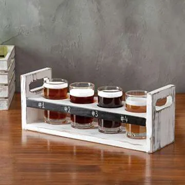 MyGift 5 Piece Beer Flight Board Tasting Sampler Set with Chalkboard Panel, 4 Beer Glasses and White...