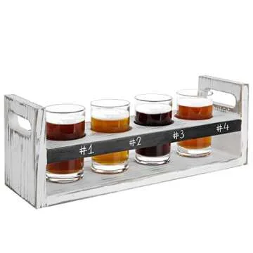 MyGift 5 Piece Beer Flight Board Tasting Sampler Set with Chalkboard Panel, 4 Beer Glasses and Whitewashed Wood Serving Carrying Tray with Handles