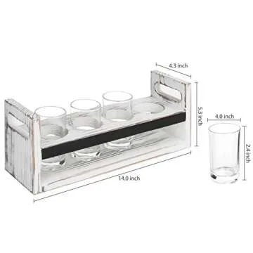 MyGift 5 Piece Beer Flight Board Tasting Sampler Set with Chalkboard Panel, 4 Beer Glasses and Whitewashed Wood Serving Carrying Tray with Handles