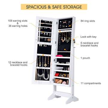 LANGRIA Lockable Jewelry Cabinet Standing Jewelry Armoire Organizer with Mirror, Full Length Standing Jewelry Storage, 4 Angle Adjustable, for Rings, Earrings, Bracelets, Broaches, White Finish