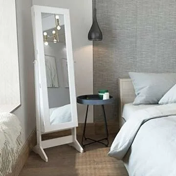 LANGRIA Lockable Jewelry Cabinet Standing Jewelry Armoire Organizer with Mirror, Full Length Standing Jewelry Storage, 4 Angle Adjustable, for Rings, Earrings, Bracelets, Broaches, White Finish