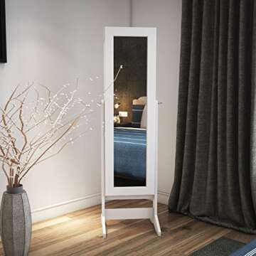 LANGRIA Lockable Jewelry Cabinet Standing Jewelry Armoire Organizer with Mirror, Full Length Standing Jewelry Storage, 4 Angle Adjustable, for Rings, Earrings, Bracelets, Broaches, White Finish