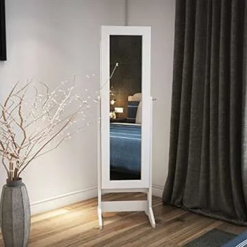 LANGRIA Lockable Jewelry Cabinet Standing Jewelry Armoire Organizer with Mirror, Full Length Standing Jewelry Storage, 4 Angle Adjustable, for Rings, Earrings, Bracelets, Broaches, White Finish