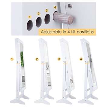 LANGRIA Lockable Jewelry Cabinet Standing Jewelry Armoire Organizer with Mirror, Full Length Standing Jewelry Storage, 4 Angle Adjustable, for Rings, Earrings, Bracelets, Broaches, White Finish