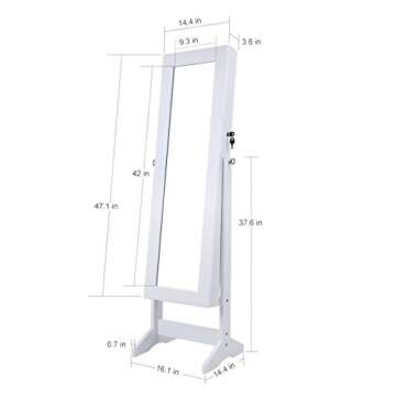 LANGRIA Lockable Jewelry Cabinet Standing Jewelry Armoire Organizer with Mirror, Full Length Standing Jewelry Storage, 4 Angle Adjustable, for Rings, Earrings, Bracelets, Broaches, White Finish
