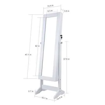 LANGRIA Lockable Jewelry Cabinet Standing Jewelry Armoire Organizer with Mirror, Full Length Standing Jewelry Storage, 4 Angle Adjustable, for Rings, Earrings, Bracelets, Broaches, White Finish