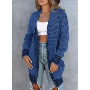 Sidefeel Cardigan Sweaters for Women Long Sleeve Open Front Plaid Chunky Knit Oversized Sweaters Coats Deep Blue Medium