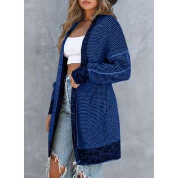 Sidefeel Cardigan Sweaters for Women Long Sleeve Open Front Plaid Chunky Knit Oversized Sweaters Coats Deep Blue Medium