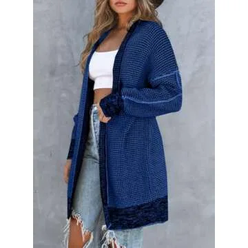 Sidefeel Cardigan Sweaters for Women Long Sleeve Open Front Plaid Chunky Knit Oversized Sweaters Coats Deep Blue Medium