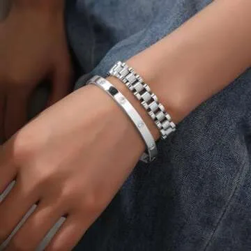 Gold Bracelets for Women Stackable Gold Bangles for Women Tennis Bracelets Bangle Cubic Zirconia 18K Gold Plated Jewelry for Gifts to Lover Girlfriend Wife Mom Sister Mother's Day Gifts Valentine Wedding Birthday (2pcs-Silver-A)