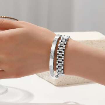 Gold Bracelets for Women Stackable Gold Bangles for Women Tennis Bracelets Bangle Cubic Zirconia 18K Gold Plated Jewelry for Gifts to Lover Girlfriend Wife Mom Sister Mother's Day Gifts Valentine Wedding Birthday (2pcs-Silver-A)