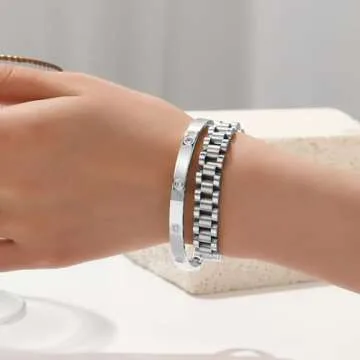 Gold Bracelets for Women Stackable Gold Bangles for Women Tennis Bracelets Bangle Cubic Zirconia 18K Gold Plated Jewelry for Gifts to Lover Girlfriend Wife Mom Sister Mother's Day Gifts Valentine Wedding Birthday (2pcs-Silver-A)