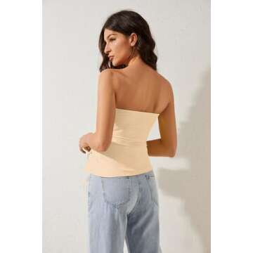 MISSACTIVER Women’s Strapless Sleeveless Tube Top Mesh Double Layer Ruched Side Asymmetrical Lace Up Bandeau Cami Tank Tops