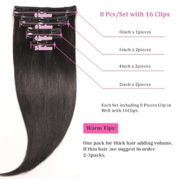 FIPOHIRA Clip in Hair Extensions Real Human Hair 20 INCH Natural Black Hair Extensions Clips Double Weft Seamless Clip in Hair Extensions Long, Straight 8pcs 80g #1b