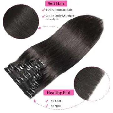FIPOHIRA Clip in Hair Extensions Real Human Hair 20 INCH Natural Black Hair Extensions Clips Double Weft Seamless Clip in Hair Extensions Long, Straight 8pcs 80g #1b
