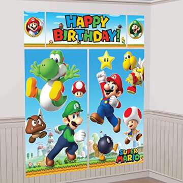 Super Mario Happy Birthday Giant Scene Setters Wall Decorating Kit Party Backdrop, 5 Pieces, Made fr...