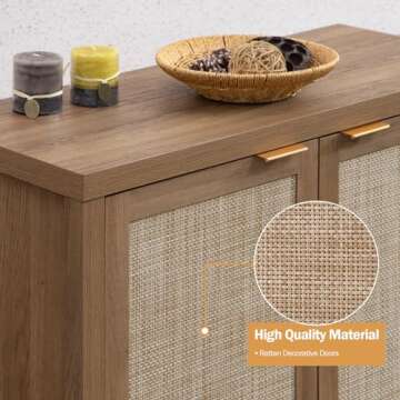 SICOTAS Rattan Sideboard Buffet Credenza Cabinet - 2 Pieces Large Farmhouse Kitchen Coffee Bar Cabinet with Rattan Storage - Boho Wood Chest Storage Cabinet for Entryway Living Room - Oak