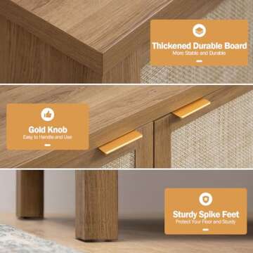 SICOTAS Rattan Sideboard Buffet Credenza Cabinet - 2 Pieces Large Farmhouse Kitchen Coffee Bar Cabinet with Rattan Storage - Boho Wood Chest Storage Cabinet for Entryway Living Room - Oak