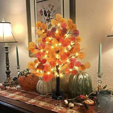 Phliofd Artificial Tree, 24 inches Eucalyptus Leaves, 60 LED Lights with Timer, Battery Operated, Tabletop Decor for Home, Wedding, Thanksgiving
