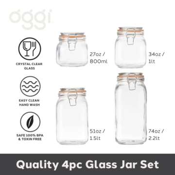 Oggi 4 Piece Airtight Glass Storage Containers Set - Includes 4 Glass Kitchen Canisters with Clamp L...
