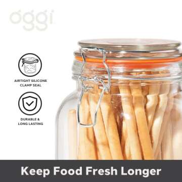 Oggi 4 Piece Airtight Glass Storage Containers Set - Includes 4 Glass Kitchen Canisters with Clamp Lids & Silicone Seals - Farmhouse Kitchen Décor, Kitchen Storage, Pantry Storage, Food Storage