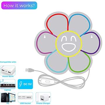 Smiley Face Sunflower Neon Sign Light LED Smiley Face Gifts Light Up Sign for Bedroom Wall Decor Neon Lights Wall Sign Smile Face Rainbow Flower LED Sign Party Décor Sign Lights (A. Rainbow Flower)