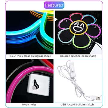 Smiley Face Sunflower Neon Sign Light LED Smiley Face Gifts Light Up Sign for Bedroom Wall Decor Neon Lights Wall Sign Smile Face Rainbow Flower LED Sign Party Décor Sign Lights (A. Rainbow Flower)