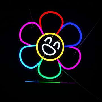 Smiley Face Sunflower Neon Sign Light LED Smiley Face Gifts Light Up Sign for Bedroom Wall Decor Neon Lights Wall Sign Smile Face Rainbow Flower LED Sign Party Décor Sign Lights (A. Rainbow Flower)
