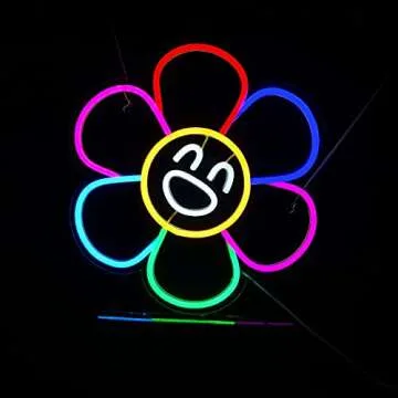 Smiley Face Sunflower Neon Sign Light LED Smiley Face Gifts Light Up Sign for Bedroom Wall Decor Neon Lights Wall Sign Smile Face Rainbow Flower LED Sign Party Décor Sign Lights (A. Rainbow Flower)