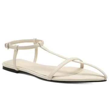 VorisVina Red Flat Sandals for Women Adjustable Metallic Buckle Ankle Strap Slide Sandals Comfortable Pointed Open Toe Slip on Sandal