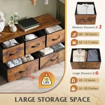 WLIVE Dresser for Bedroom with 5 Drawers, Wide Chest of Drawers, Fabric Dresser, Storage Organizer Unit with Fabric Bins for Closet, Living Room, Hallway, Rustic Brown Wood Grain Print