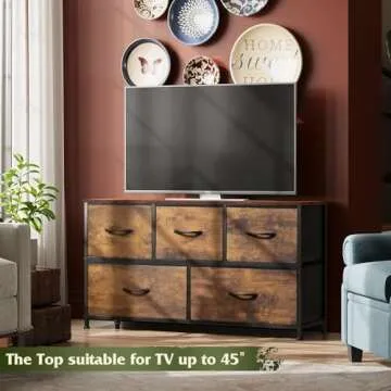 WLIVE Dresser for Bedroom with 5 Drawers, Wide Chest of Drawers, Fabric Dresser, Storage Organizer Unit with Fabric Bins for Closet, Living Room, Hallway, Rustic Brown Wood Grain Print