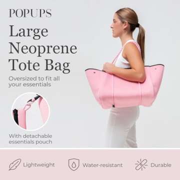 POPUPS Large Neoprene Tote Bag for Women - Everyday Designer Handbag for Travel Work and Beach with Pockets and Zipper Pouch (Barbie)