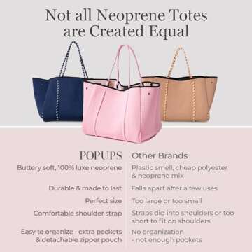 POPUPS Large Neoprene Tote Bag for Women - Everyday Designer Handbag for Travel Work and Beach with Pockets and Zipper Pouch (Barbie)