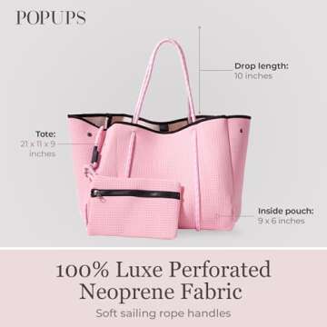 POPUPS Large Neoprene Tote Bag for Women - Everyday Designer Handbag for Travel Work and Beach with Pockets and Zipper Pouch (Barbie)