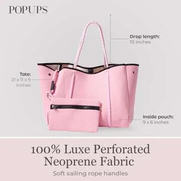 POPUPS Large Neoprene Tote Bag for Women - Everyday Designer Handbag for Travel Work and Beach with Pockets and Zipper Pouch (Barbie)