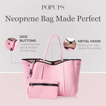 POPUPS Large Neoprene Tote Bag for Women - Everyday Designer Handbag for Travel Work and Beach with Pockets and Zipper Pouch (Barbie)